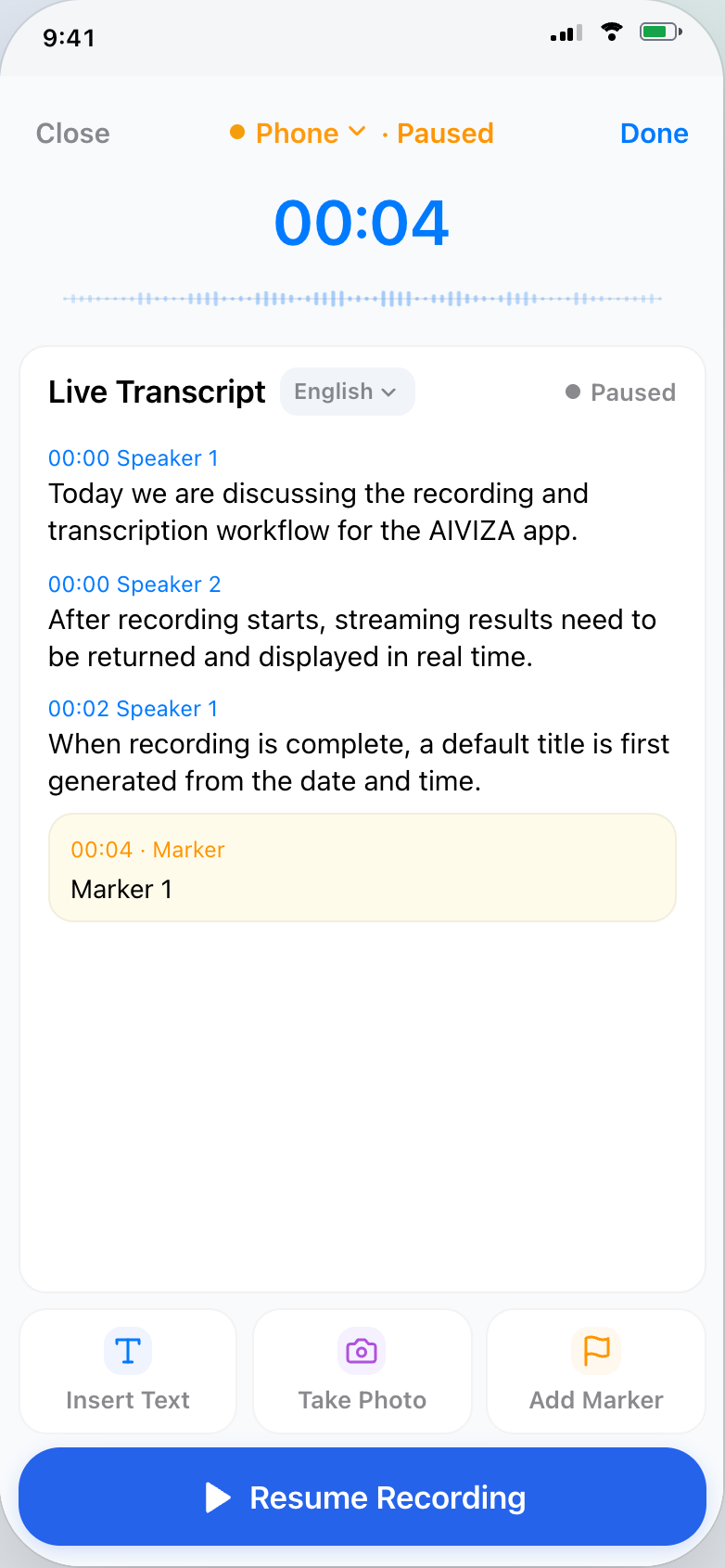 AIVIZA recording interface with live transcription and note tools